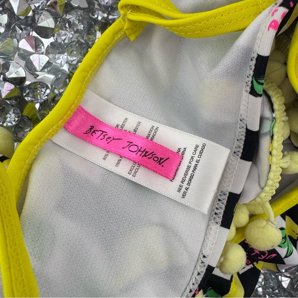 Betsy Johnson bikini top ruffle frilly Pom Pom trim Lemons π striped pink - Picture 9 of 12